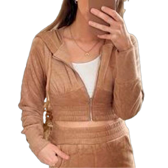 Tic Toc NWT Brown Terry Cropped Zip Up Hoodie Hooded Sweatshirt Jacket - Picture 1 of 10